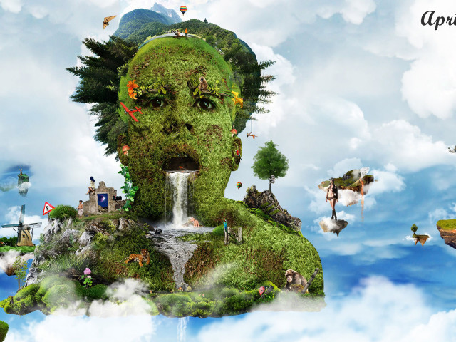 Man trees clouds waterfall digital #2 free wallpaper for desktop - medium preview image