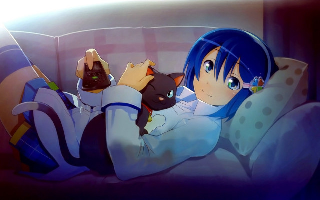 Girl laying bed cat lap free wallpaper for desktop - medium preview image