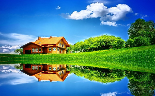 House reflection lake green field #4 free wallpaper for desktop - medium preview image