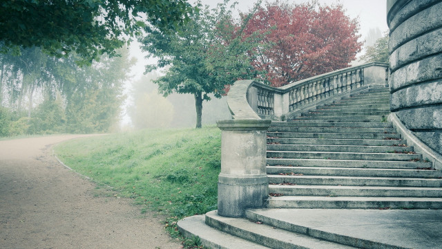 Stone staircase pillar tree foggy free wallpaper for desktop - medium preview image
