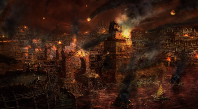 City smoke fire painting towers free wallpaper for desktop - medium preview image