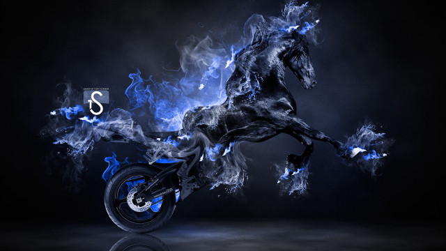 Black horse blue flames air free wallpaper for desktop - medium preview image