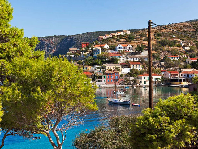 Boat village hillside trees bushes free wallpaper for desktop - medium preview image