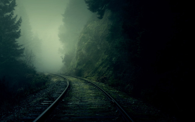 Train track forest fog gothic free wallpaper for desktop - medium preview image