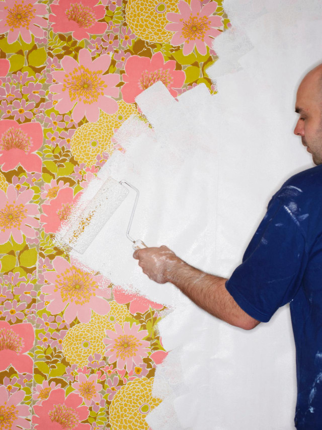 Man painting wall flowered wallpaper free wallpaper for mobile - medium preview image