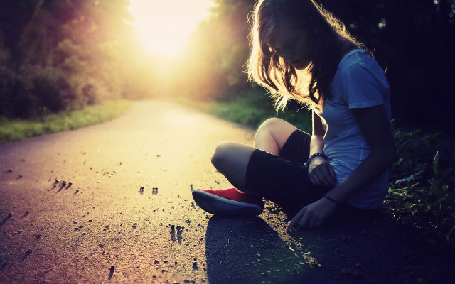 Girl sitting road shoes sun free wallpaper for desktop - medium preview image