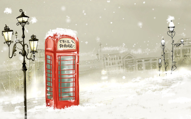 Red phone booth snow street free wallpaper for desktop - medium preview image