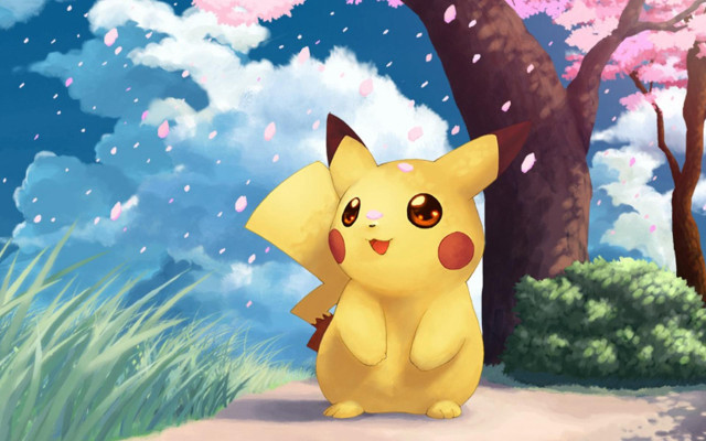 Pikachu standing forest pink flowers free wallpaper for desktop - medium preview image
