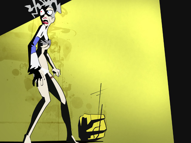 Cartoon woman walking street yellow free wallpaper for desktop - medium preview image