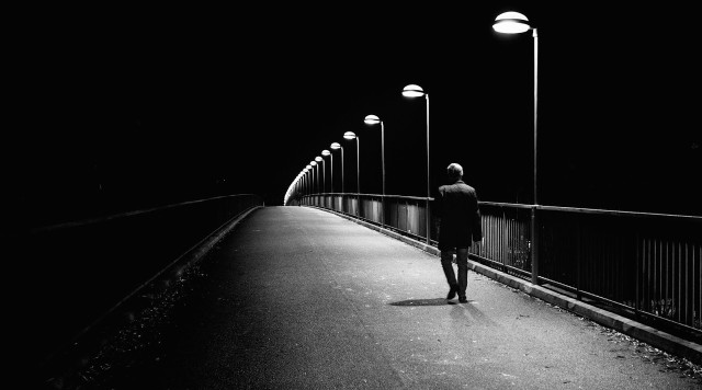 Person walking bridge night streetlights free wallpaper for desktop - medium preview image