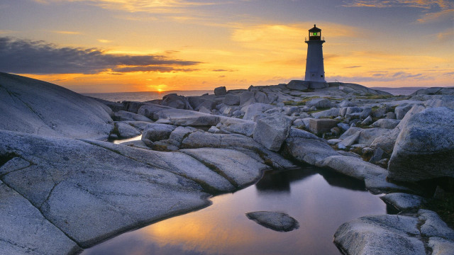 Lighthouse rocky shore sunset pond free wallpaper for desktop - medium preview image