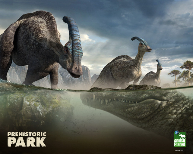 Dinosaurs walking river forest trees free wallpaper for desktop - medium preview image