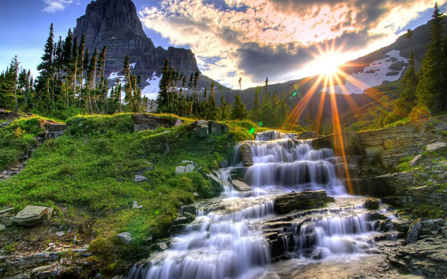 Waterfall mountain sunshine trees foreground free wallpaper for desktop - medium preview image