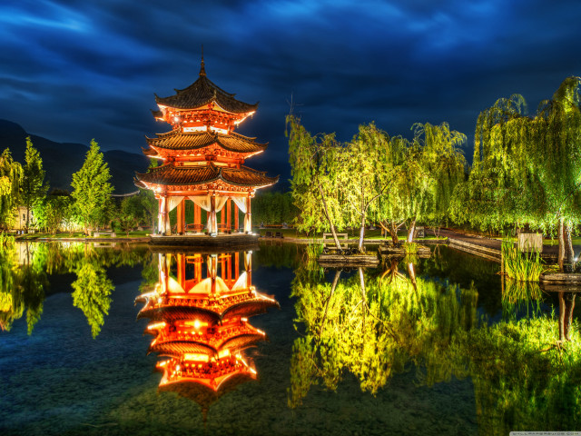 Pagoda lit night sky pond free wallpaper for desktop - medium preview image