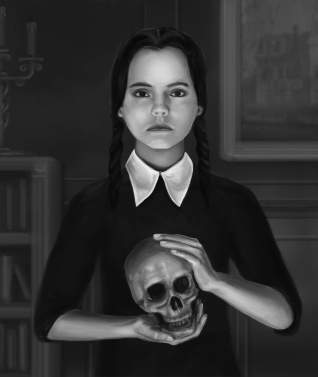 Woman holding skull chandelier bookcase free wallpaper for mobile - medium preview image