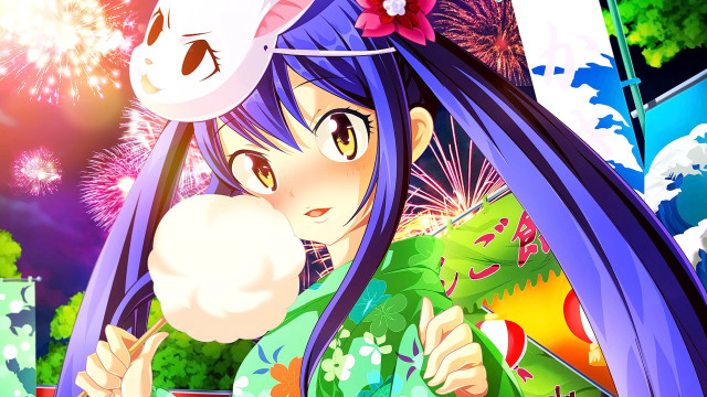 Girl purple hair hat fireworks free wallpaper for desktop - medium preview image