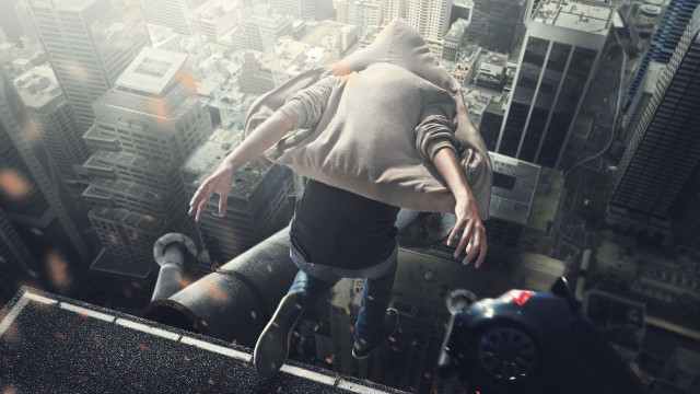 Man walking tall building hands free wallpaper for desktop - medium preview image