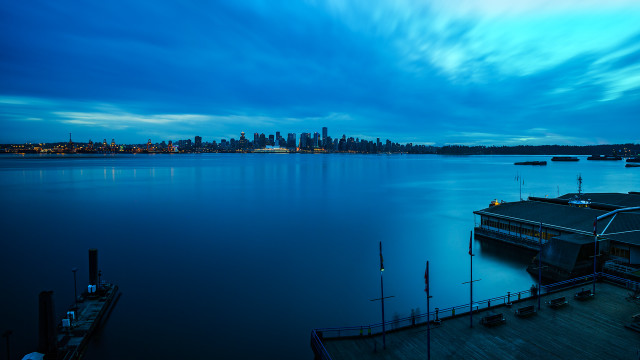 Boat dock city night blue free wallpaper for desktop - medium preview image