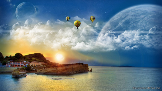 Sunset hotairballoons water town cliff #2 free wallpaper for desktop - medium preview image