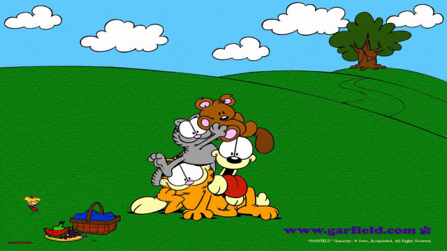 Cartoon dog cat playing field free wallpaper for desktop - medium preview image