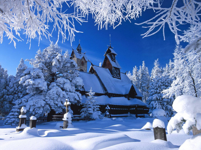 Church snowy forest blue sky free wallpaper for desktop - medium preview image