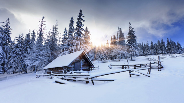Cabin snowy field trees sunshine free wallpaper for desktop - medium preview image