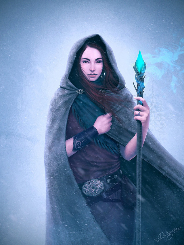 Woman cloak green staff snow free wallpaper for mobile - medium preview image
