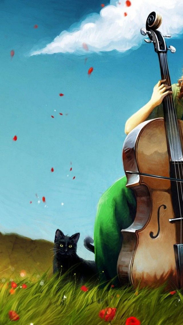 Woman cello field flowers black free wallpaper for mobile - medium preview image