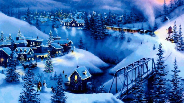 Snowy village train bridge painting #3 free wallpaper for desktop - medium preview image