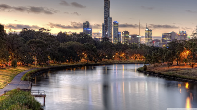 River city dusk clouds trees free wallpaper for desktop - medium preview image