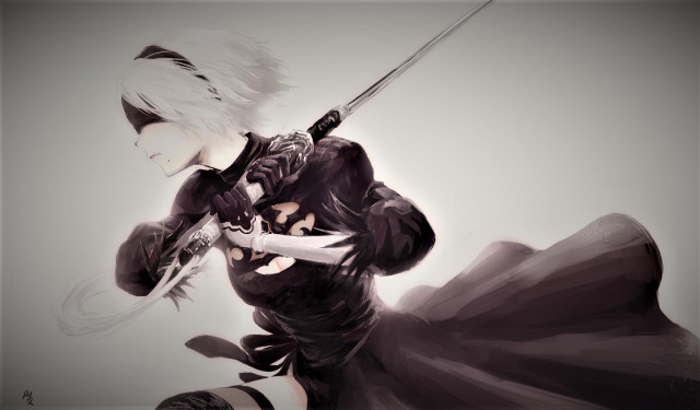 Woman sword black outfit knees free wallpaper for desktop - medium preview image