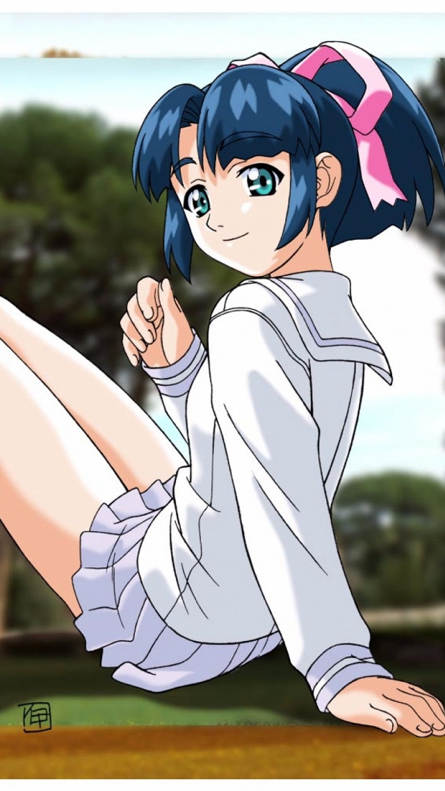 Bluehair girlsitting anime serafuku ribbon free wallpaper for mobile - medium preview image