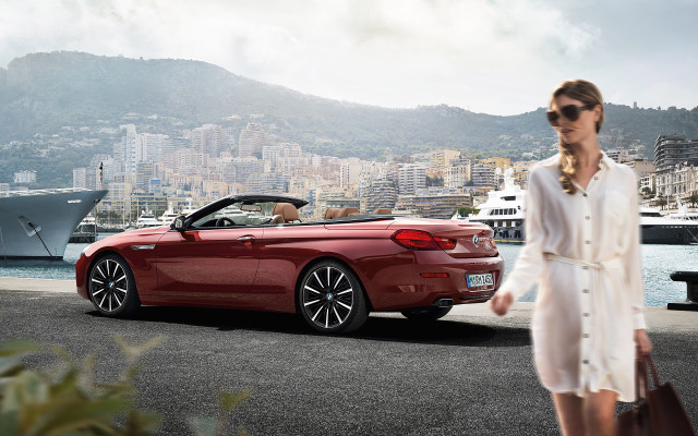 Woman walking red convertible harbor free wallpaper for desktop - medium preview image