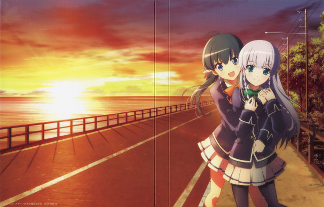 Anime girls ocean sunset pier free wallpaper for desktop - medium preview image