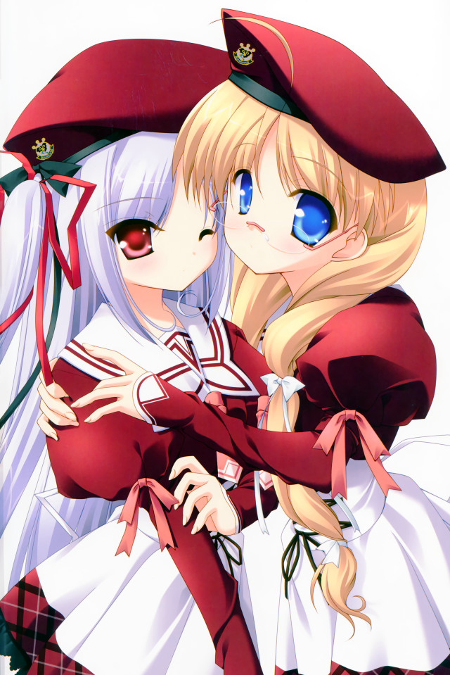 Anime girls hugging red hat free wallpaper for mobile - medium preview image