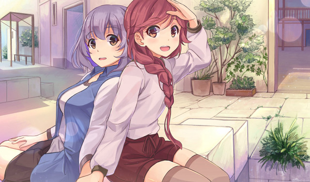 Anime girls sitting ledge courtyard free wallpaper for desktop - medium preview image