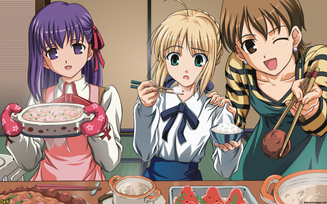 Anime girls eating food chopsticks free wallpaper for desktop - medium preview image