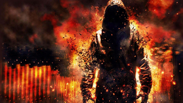 Man hooded jacket fire wall free wallpaper for desktop - medium preview image