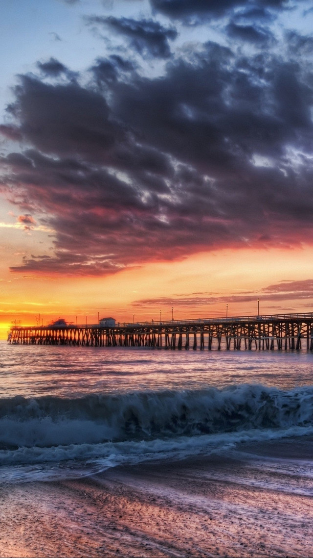 Pier sunset waves orange sky free wallpaper for mobile - medium preview image