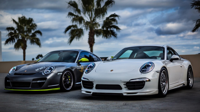 Porsches parking lot palm trees free wallpaper for desktop - medium preview image