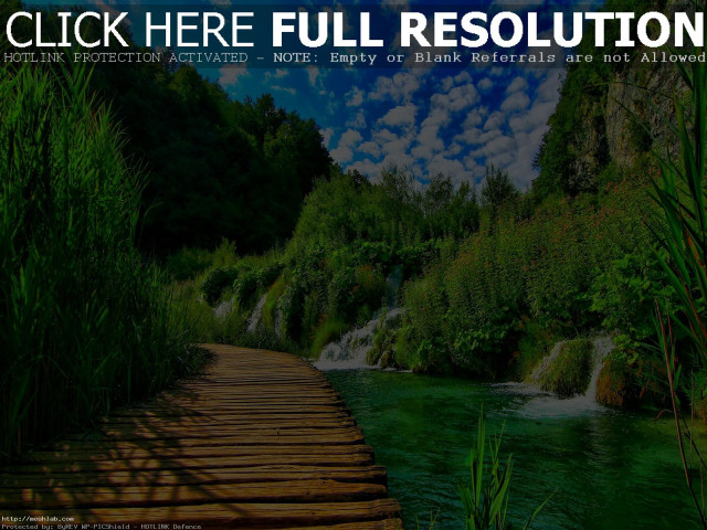 Wooden path waterfall woods caption free wallpaper for desktop - medium preview image