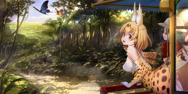 Girl bench forest cat bird free wallpaper for desktop - medium preview image