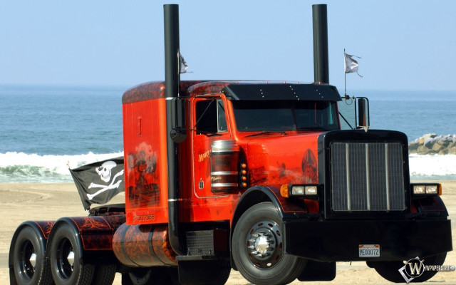 Red truck beach ocean flag free wallpaper for desktop - medium preview image