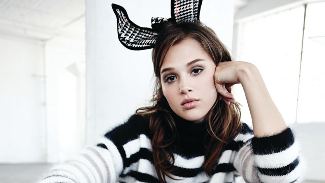 Woman striped sweater deer headband free wallpaper for desktop - medium preview image