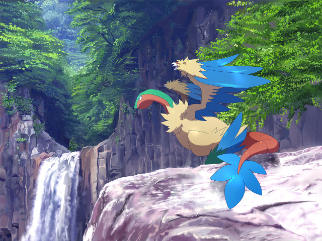 Cartoon character waterfall rock forest free wallpaper for desktop - medium preview image