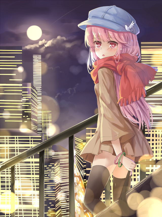 Girl pink hair hat balcony free wallpaper for mobile - medium preview image