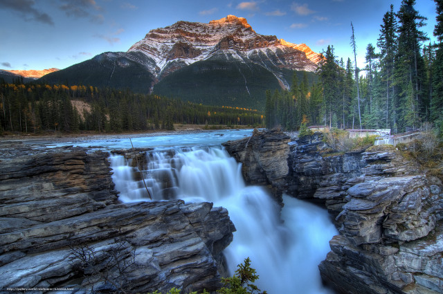 Waterfall mountain river bridge cliff free wallpaper for desktop - medium preview image
