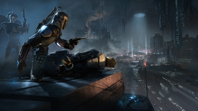 Futuristic man gun pointing cityscape free wallpaper for desktop - medium preview image