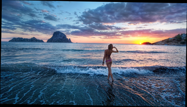 Woman beach sunset water rock free wallpaper for desktop - medium preview image