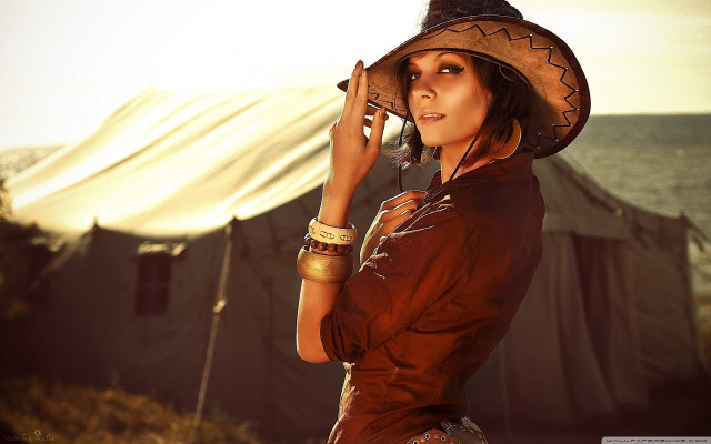 Woman hat standing tent background free wallpaper for desktop - medium preview image